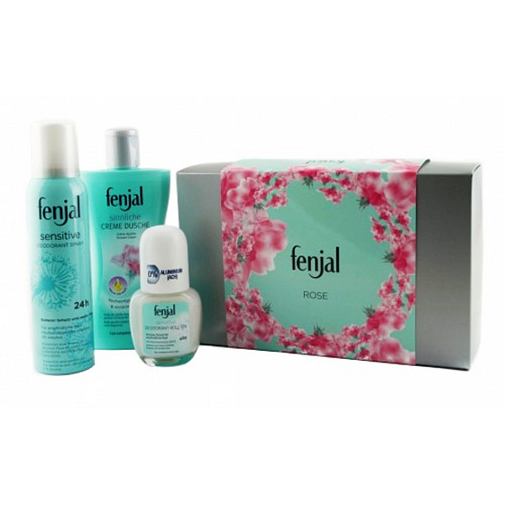 Fenjal Rose Duschgel 200 ml + Sensitives Spray 150 ml + 50 ml Kosmetikset zum Aufrollen
