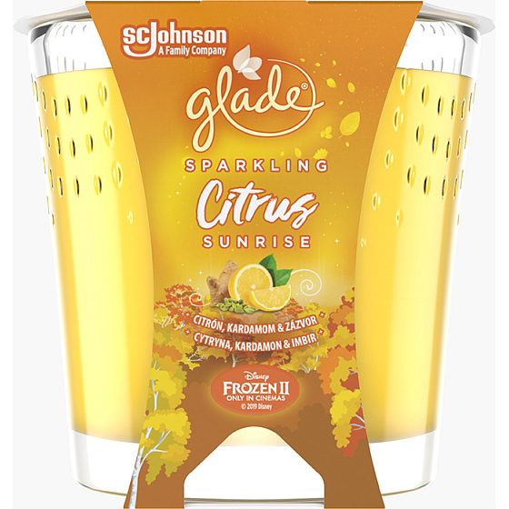 Glade Sparkling Citrus Sunrise mit dem Duft von nach Zitrone, Kardamom und Ingwer duftenden Kerzen in einem Glas, Brenndauer bis zu 32 Stunden 129 g