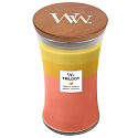 WoodWick Trilogy Tropical Sunrise - Tropische Sonnenaufgang-Duftkerze mit Holzdocht und Glasdeckel groß 609 g