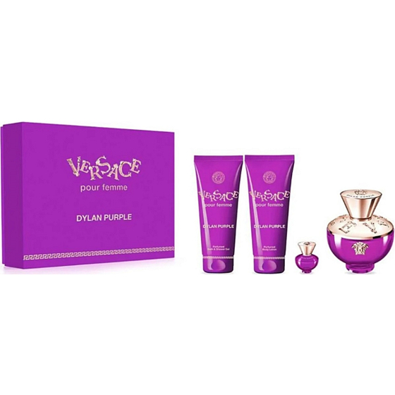 Versace Dylan Purple Eau de Parfum 100 ml + Bodylotion 100 ml + Duschgel 100 ml + Eau de Parfum Miniatur 5 ml, Geschenkset für Frauen