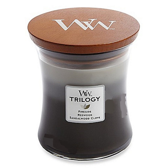 WoodWick Trilogy Warm Woods - Duftkerze Warmes Holz mit Holzdocht und Deckel Glas mittel 275 g