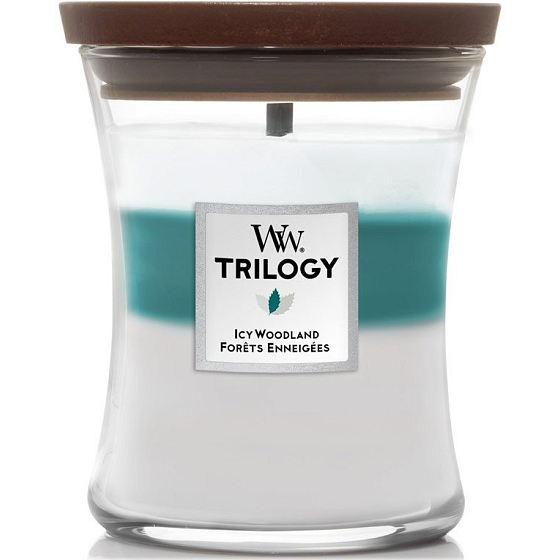 WoodWick Trilogy Icy Woodland - Ice Forest Duftkerze mit Holzdocht und Deckel Glas mittel 275 g