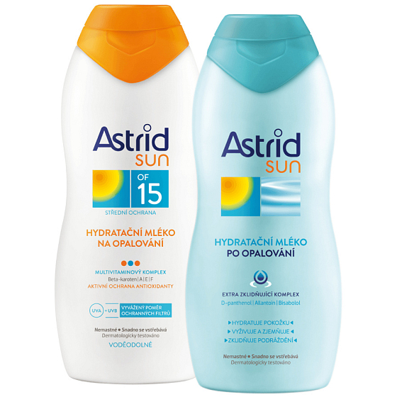 Astrid Sun OF15 Feuchtigkeits-Sonnenmilch 200 ml + Sun Feuchtigkeitsmilch nach dem Sonnenbad 200 ml, Duopack