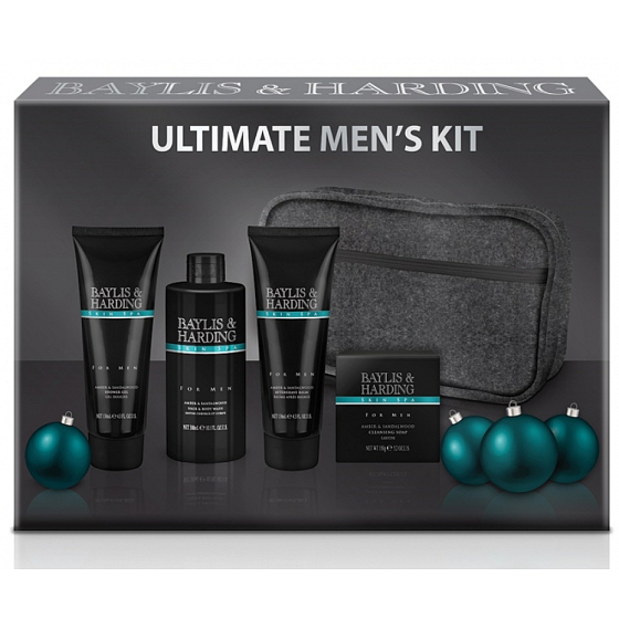 Baylis & Harding Men Flüssige Körper- und Haarseife aus Bernstein und Sandelholz 300 ml + Seife 150 g + Aftershave 130 ml + Duschgel 130 ml + graues Kulturbeutel-Kosmetikset für Männer