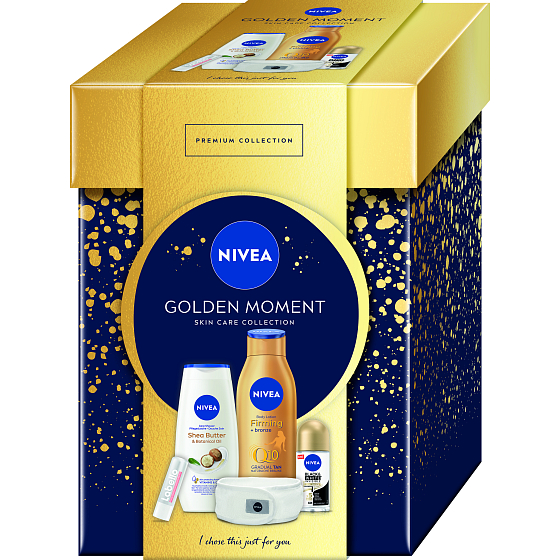 Nivea Golden Moment Shea Butter & Botanical Duschgel 250 ml + Q10 Firming Tinted Body Milk 400 ml + Invisible Black & White Silky Smooth Antitranspirant Roll-on 50 ml + Labello Hyaluron Rose Lippenbalsam 4,8 g + Stirnband, Kosmetikset für Frauen