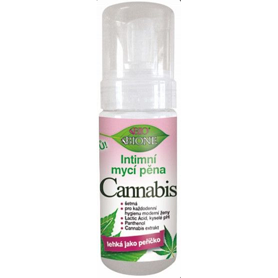 Bione Cosmetics Cannabis intimní pěna s kyselinou mléčnou 150 ml – jemná pěna pro intimní hygienu s extraktem konopí a kyselinou mléčnou.