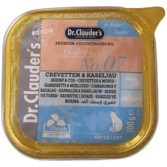 DR. Clauders Garnelen und Kabeljau mit Fleischstücken komplett Katzenfutter 100 g