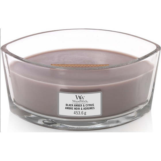 WoodWick Black Amber & Citrus - Kerze mit Duft nach schwarzem Bernstein und Zitrusfrüchten mit breitem Holzdocht und Glasdeckel 453 g