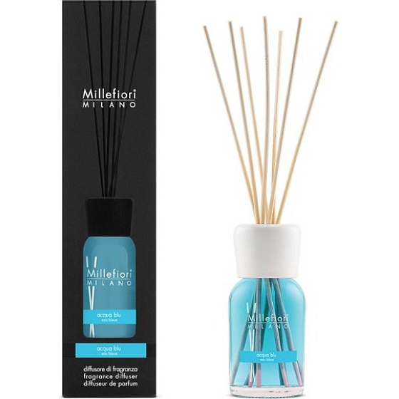 Millefiori Milano Natural Acqua Blu - Wasserblauer Diffusor 100 ml + 7 Stiele 25 cm lang für kleinere Räume hält 5-6 Wochen