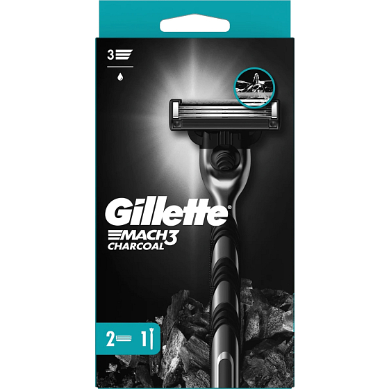 Gillette Mach3 Charcoal Rasierapparat + Ersatzköpfe 2 Stück für Männer