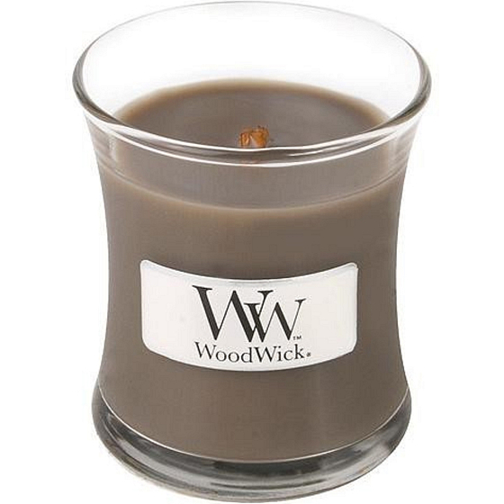 WoodWick Sand & Driftwood - Sand- und Treibholzduftkerze mit Holzdocht und Deckelglas klein 85 g