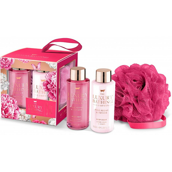 Grace Cole Pink Peony & Vetiver Duschgel 100 ml + Körperlotion 100 ml + Badewaschlappen, Kosmetikset