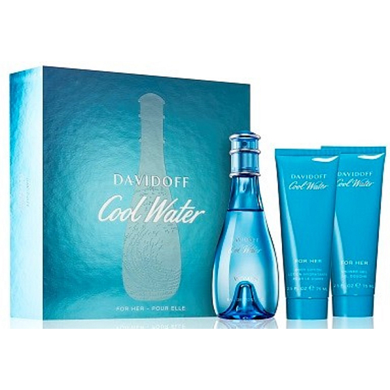 Davidoff Cool Water Woman Eau de Toilette 100 ml + Duschgel 75 ml + Körperlotion 75 ml, Geschenkset für Frauen