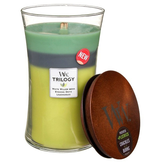 WoodWick Trilogy Woodland Shade - Waldschatten-Duftkerze mit Holzdocht und Deckelglas groß 609,5 g