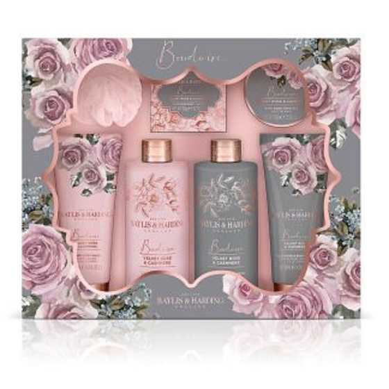 Baylis & Harding Velvet Rose und Cashmere Duschcreme 300 ml + Badelotion 300 ml + Waschgel 130 ml + Hand- und Körperlotion 130 ml + Toilettenseife 100 g + Badesalz 100 g + Waschlappen, Kosmetikset
