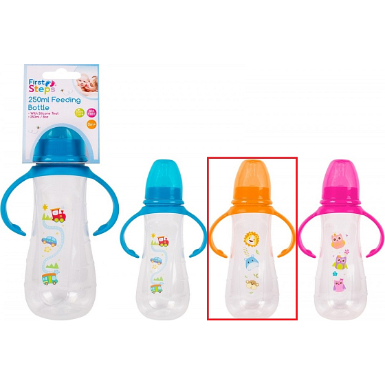 First Steps Babyflasche 0+ klar mit Griffen Zoo orange 250 ml