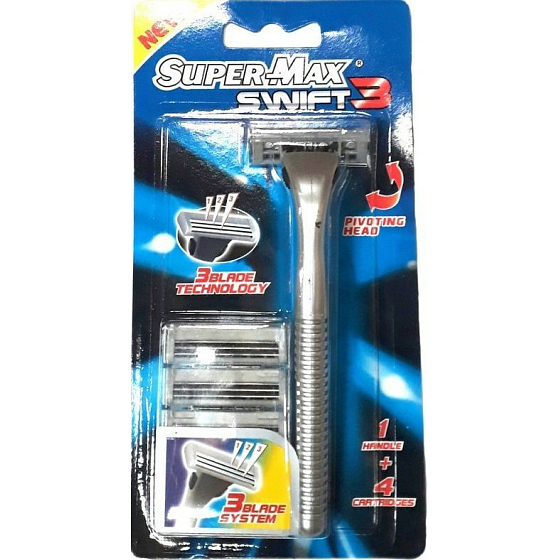 Super-Max Swift 3 Rasierer 3-Klingen Rasierer für Männer + Ersatzkopf 3 Stück