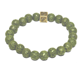 Lavaflasche grün mit königlichem Mantra Om, Armband elastischer Naturstein, Kugel 8 mm / 16-17 cm, geboren aus den vier Elementen