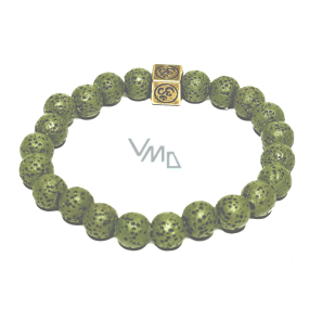 Lavaflasche grün mit königlichem Mantra Om, Armband elastischer Naturstein, Kugel 8 mm / 16-17 cm, geboren aus den vier Elementen