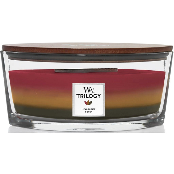 WoodWick Trilogy Hearthside Foyer - Sitting by the fireplace Duftkerze mit Holzdocht und Deckel Glasboot 453 g
