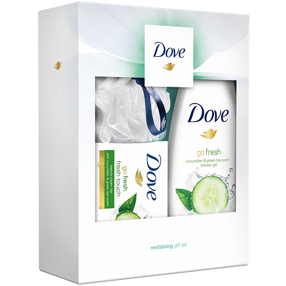 Dove Cucumber & Green Tea Duschgel für Frauen 250 ml + Fresh Touch Toilettenseife 100 g + Luxus-Duschschwamm, Kosmetikset