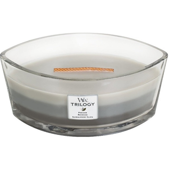 WoodWick Trilogy Warm Woods - Warme Holzkerze mit breitem Holzdocht und Glasbootsdeckel 453 g