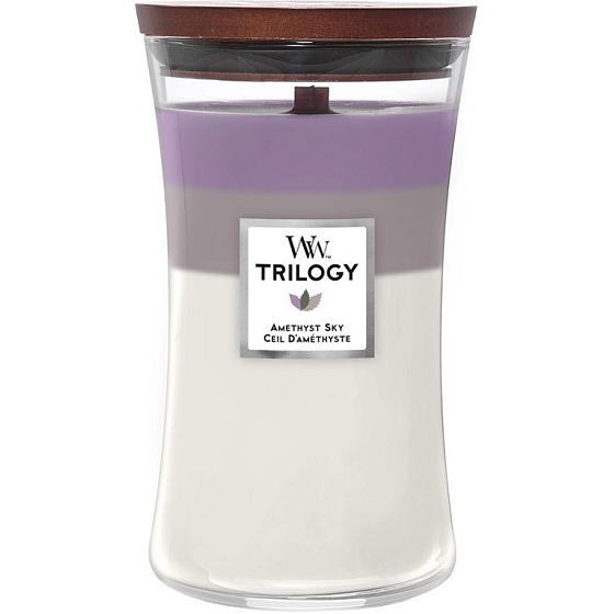 WoodWick Trilogy Amethyst Sky Duftkerze mit Holzdocht und Deckel Glas groß 609,5 g