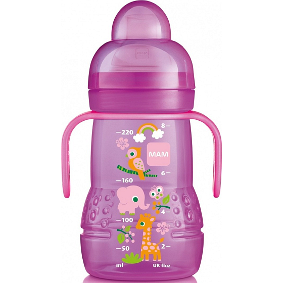 Ich habe eine Trainer-Trinkflasche mit weichem Trinkaufsatz und Griffen, verschiedene Motive und Farben, ab 4 Monaten, 220 ml.