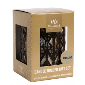 WoodWick Fireside - Kamin-Kerze mit Holzdocht petite 3 x 31 g + Geometrischer Kerzenhalter Geschenkset