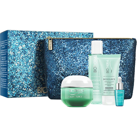 Biotherm Aquasource Moisturizing Gel für normale bis Mischhaut 50 ml + Biosource Nettoyant Cleansing Cream 50 ml + Biosource Lotion 100 ml + Life Plankton Elixir Serum 7 ml + Reisekosmetiktasche, Kosmetikset