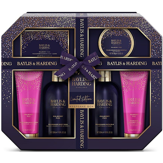 Baylis & Harding Mulberry Fizz Reinigungsgel 300 ml + Badelotion 300 ml + Toilettenseife 150 g + Duschcreme 130 ml + Hand- und Körperlotion 130 ml + Badesalz 100 g, Kosmetikset für Damen