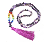 108 Mala 7 Chakra Achat lila Halskette, Meditationsschmuck, Naturstein geknüpft, elastisch, Perle 6 mm