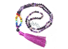108 Mala 7 Chakra Achat lila Halskette, Meditationsschmuck, Naturstein geknüpft, elastisch, Perle 6 mm