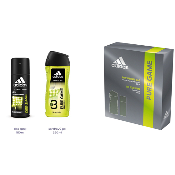 Adidas Pure Game Deodorant Spray für Männer 150 ml + 3 in 1 Duschgel für Körper, Gesicht und Haare 250 ml, Kosmetikset