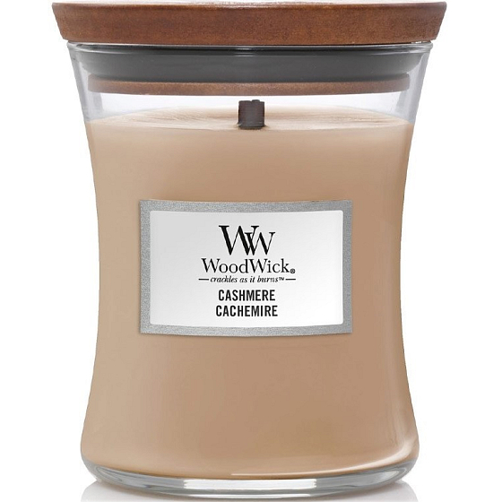 WoodWick Cashmere Duftkerze mit Holzdocht und Deckel Glas mittel 275 g