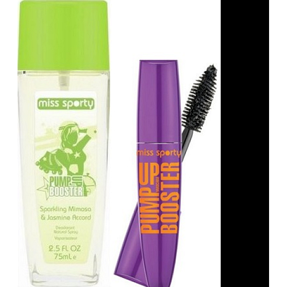Miss Sports Love 2 Love Pump Up Booster parfümiertes Deodorantglas für Frauen 75 ml + Pump Up Booster Mascara Extra Schwarz 12 ml, Kosmetikset