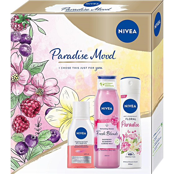 Nivea Paradise Mood Duschgel 300 ml + Deospray 150 ml + Augen-Make-up-Entferner 125 ml, Kosmetikset für Damen