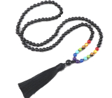 108 Mala 7 Chakra Halskette, Onyx Meditationsschmuck, Naturstein geknüpft, elastisch, Quaste 8 cm, Perle 6 mm