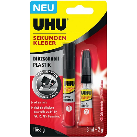 Uhu Super Glue Plastic ultraschneller Zweiphasen-Zweitklebstoff zum Kleben von Kunststoffen 3 ml + 2 g