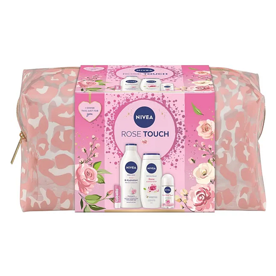 Nivea Rose Touch Rose & Hydration Körpermilch 400 ml + Nivea Rose & Almond Oil Duschgel 250 ml + Nivea Fresh Rose Touch Roll-on Antitranspirant 50 ml + Labello Soft Rosé Lippenbalsam 4,8 g + Kosmetiktasche, Kosmetikset für Frauen