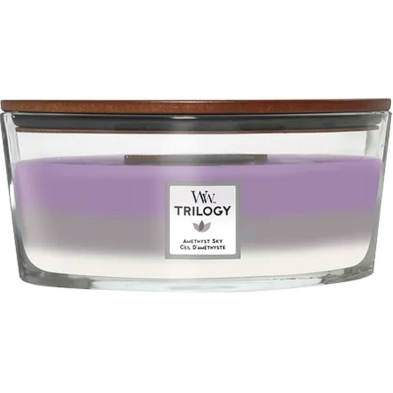 WoodWick Trilogy Amethyst Sky - Amethyst Sky Duftkerze mit Holzdocht und Deckel Glasschiffchen 453 g