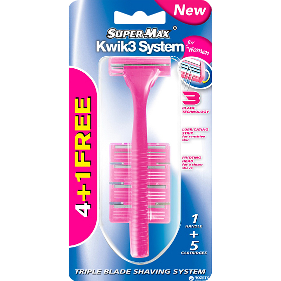 Super-Max Kwik3 System Einwegrasierer mit 3 Klingen + 4 Ersatzköpfe für Frauen