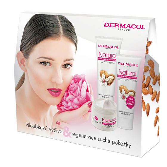 Dermacol Natural nährende Mandel Tagescreme für trockene und empfindliche Haut 50 ml + nährende Mandel Handcreme 100 ml + nährende Mandel Gesichtsmaske für sehr trockene und empfindliche Haut 100 ml, Kosmetikset für Frauen