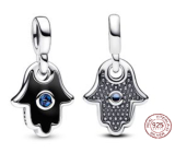 Charms Sterling Silber 925 Hand der Fatima, Hamsa - Mini Medaillon mit blauem Kristall und schwarzem Emaille, Anhänger für Armband Symbol