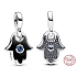 Charms Sterling Silber 925 Hand der Fatima, Hamsa - Mini Medaillon mit blauem Kristall und schwarzem Emaille, Anhänger für Armband Symbol
