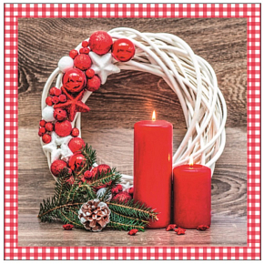 Aha Papierservietten 3-lagig 33 x 33 cm 20 Stück weihnachtlicher weißer Kranz, 2 rote Kerzen und Dekorationen