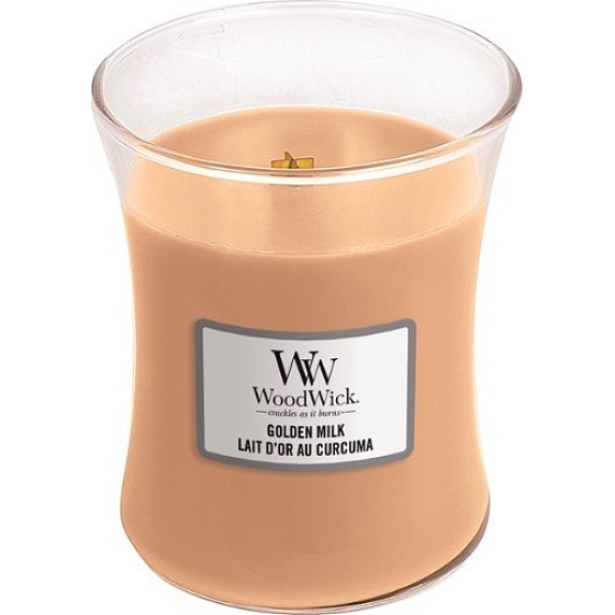 WoodWick Golden Milk - Goldene Milchduftkerze mit Holzdocht und Glasdeckel Medium 275 g