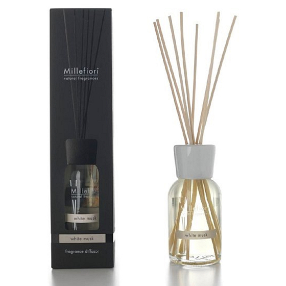 Millefiori Milano Natural White Musk - Weißer Moschus Diffusor 100 ml + 7 Stiele in der Länge von 25 cm für kleinere Räume dauert 5-6 Wochen