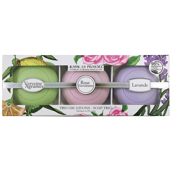 Jeanne en Provence Verveine Agrumes - Toilettenpapierseife für Eisenkraut und Zitrusfrüchte 100 g + Faszinierende Rosentoilette 100 g + Lavendel-Toilettenseife 100 g, Kosmetikset