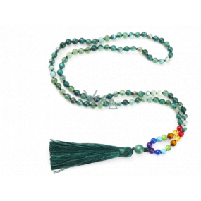 108 Mala 7 Chakra Halskette, Achat grün Meditationsschmuck, Naturstein, elastisch, Quaste 8 cm, Perle 6 mm